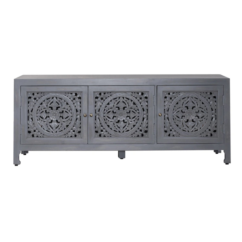 Marisol 65 Inch 3 Door Accent TV Stand in Weathered Honey and Soft Wash Gray image