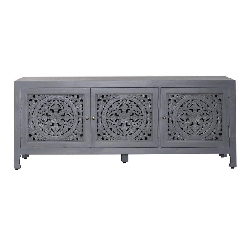 Marisol 65 Inch 3 Door Accent TV Stand in Weathered Honey and Soft Wash Gray