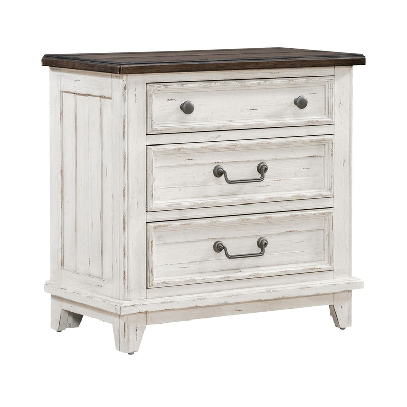 River Place 3 Drawer Nightstand with Charging Station in Riverstone White and Tobacco