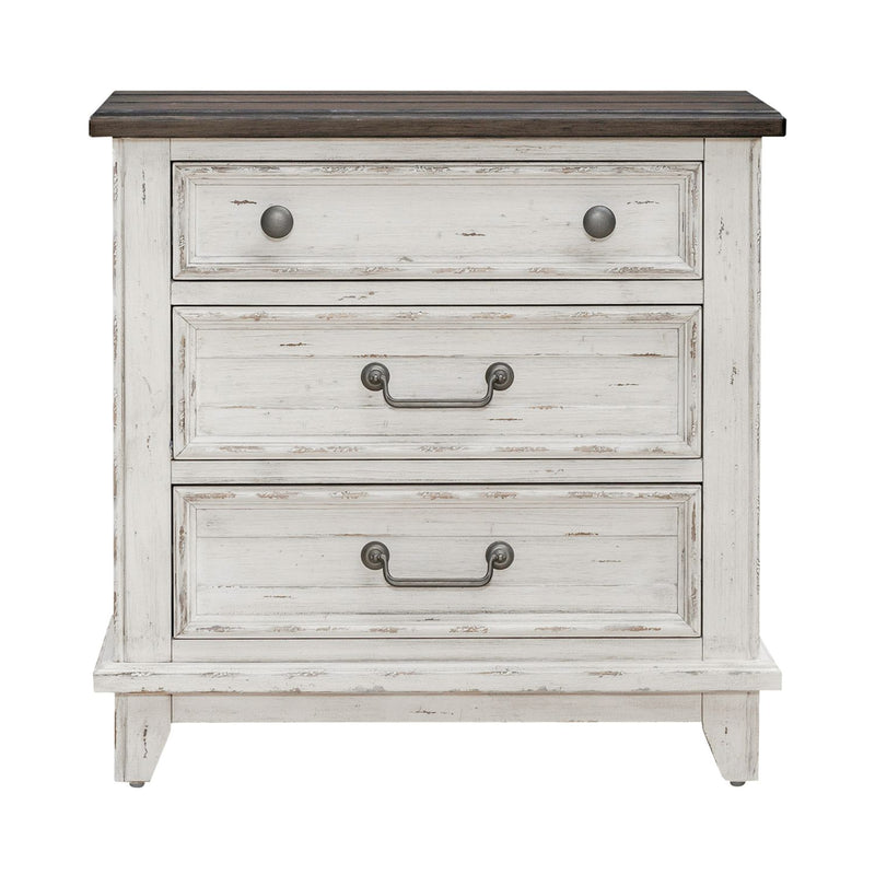 River Place 3 Drawer Nightstand with Charging Station in Riverstone White and Tobacco