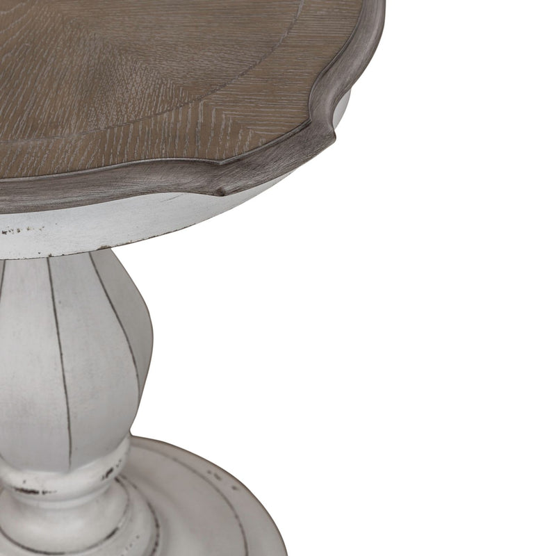 Magnolia Manor Round Accent Table in Antique White Base w/ Weathered Bark Tops