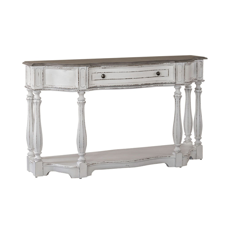 Magnolia Manor 56 Inch Hall Console Table in Antique White Base w/ Weathered Bark Tops