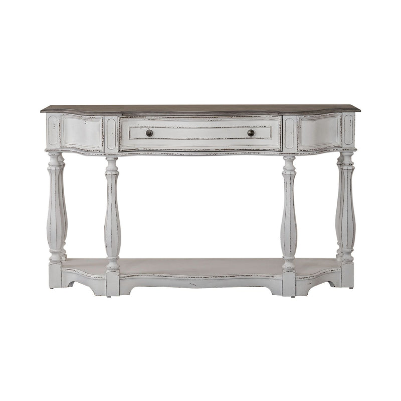Magnolia Manor 56 Inch Hall Console Table in Antique White Base w/ Weathered Bark Tops