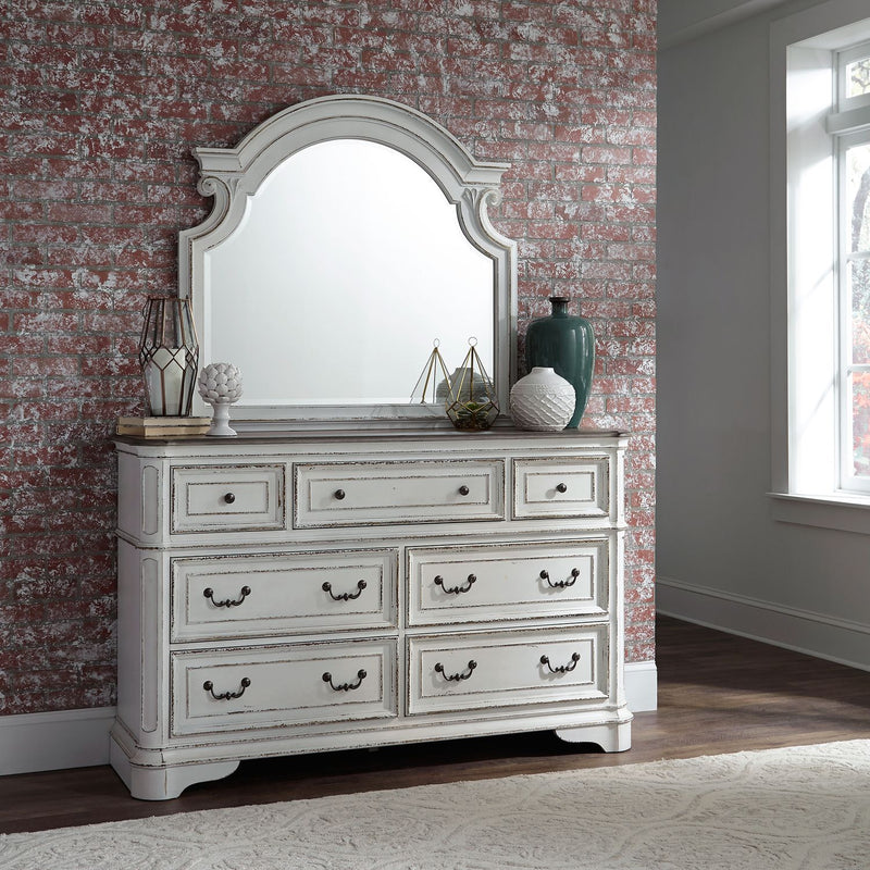 Magnolia Manor King Uph Sleigh Bed, Dresser & Mirror, Night Stand