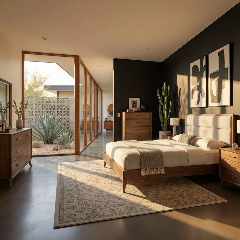 Century Modern California Uph Platform Bed, Dresser & Mirror, N/S image